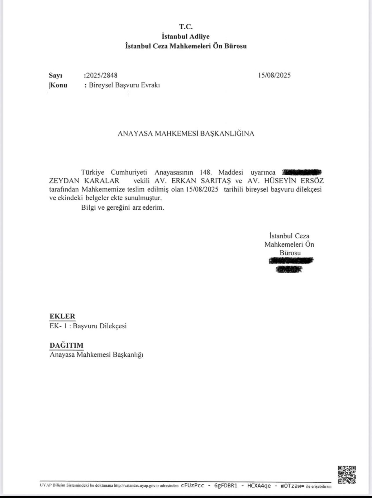 Zeydan Karalar adına Anayasa Mahkemesi’ne bireysel başvuru yapıldı.