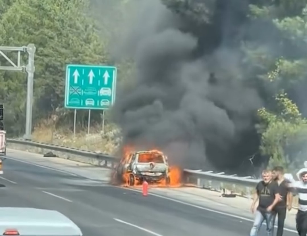Otoyolda yanan araç orman yangını çıkardı