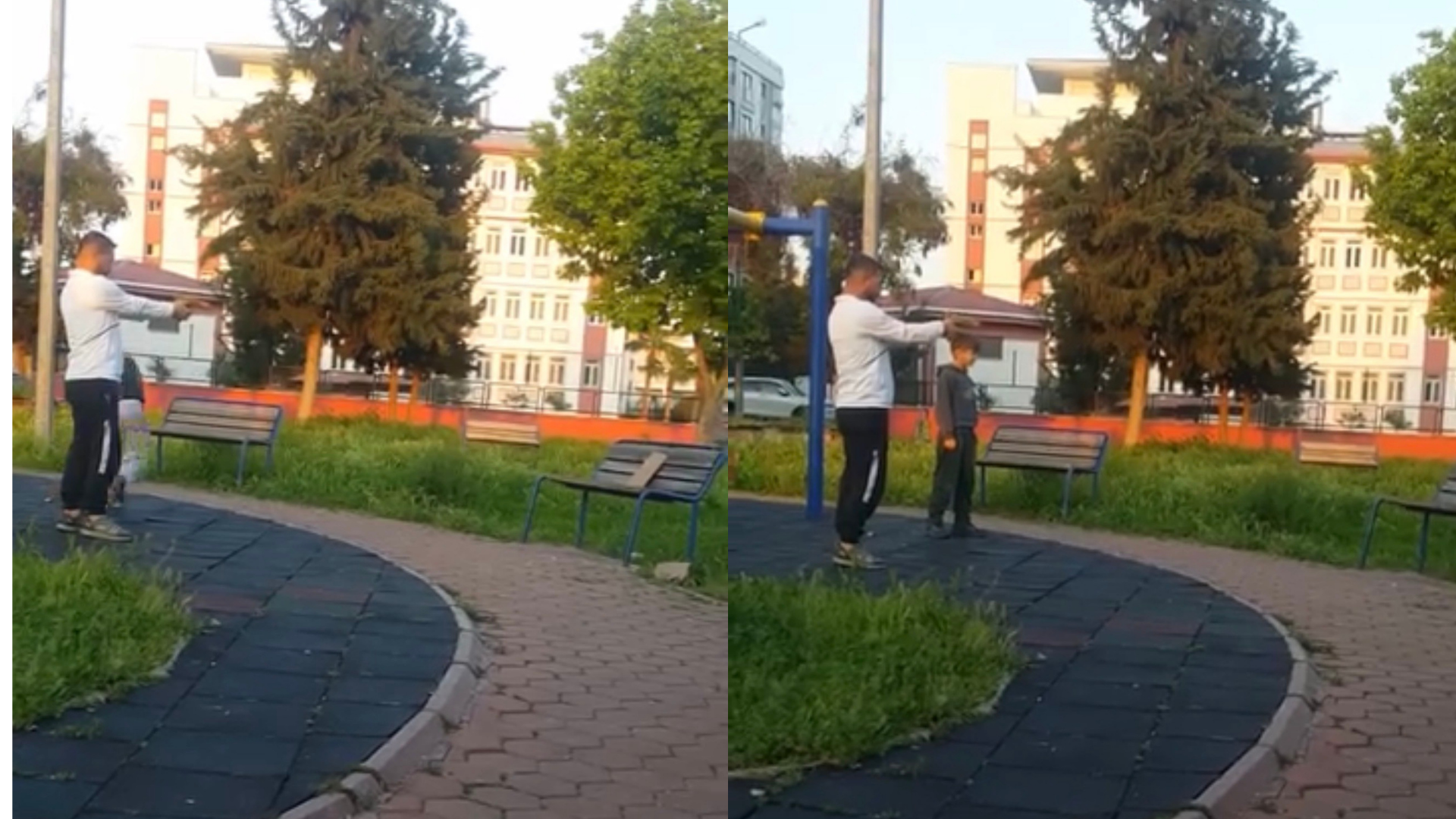 Parkta çocuğa oyuncak silahla atış talimi yaptırdı