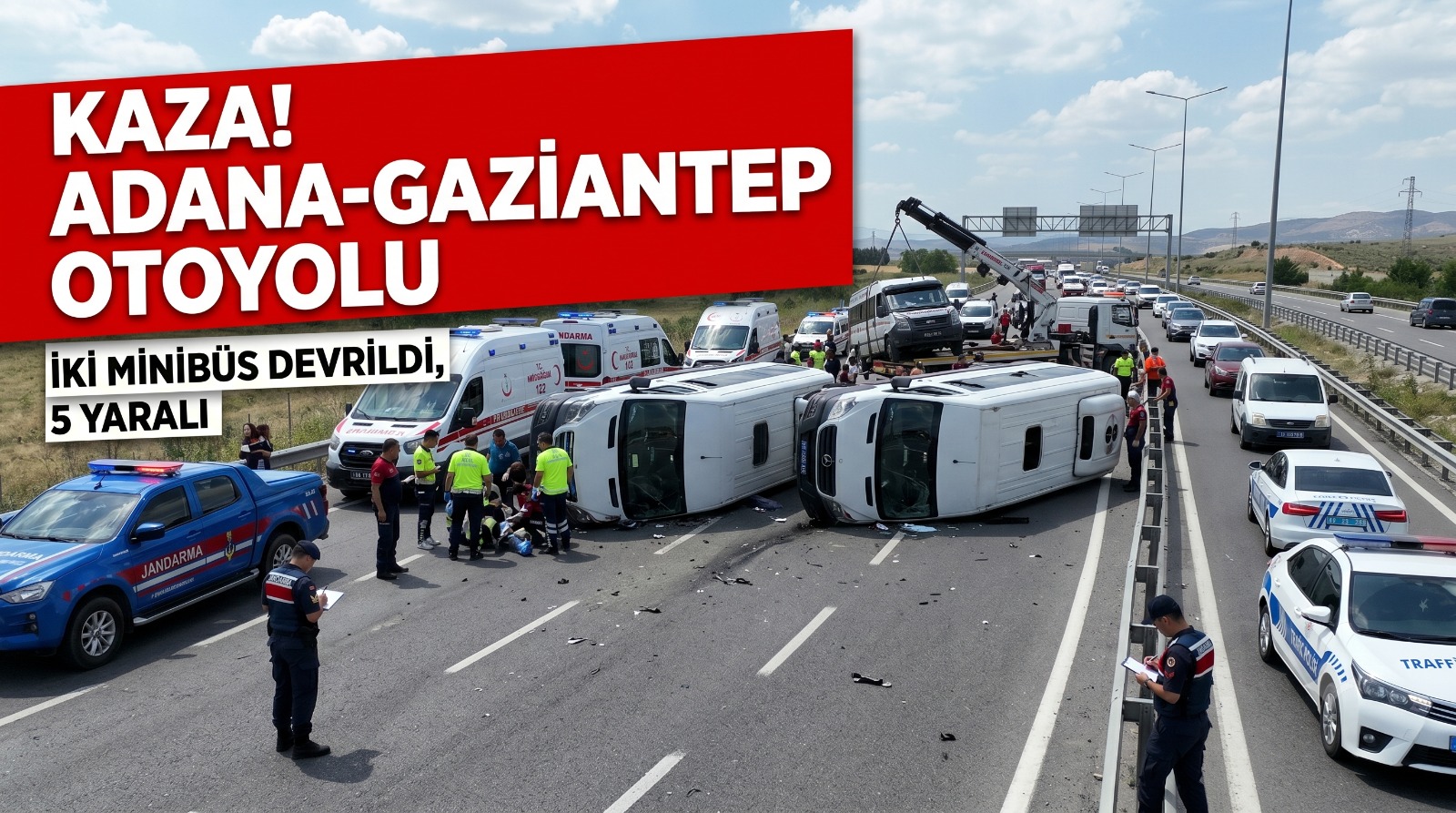 Adana-Gaziantep Otoyolu’nda iki minibüs devrildi: 5 kişi yaralandı