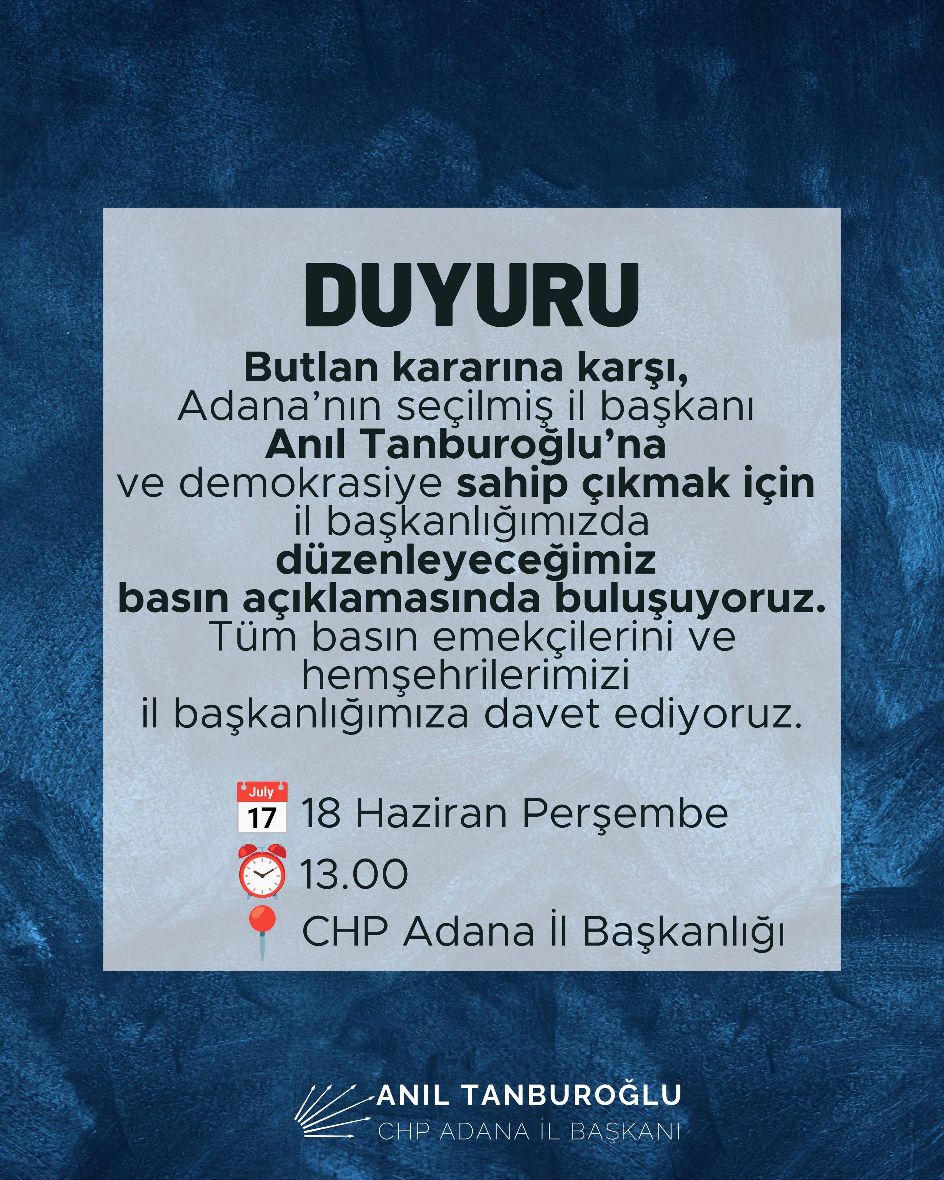 Anıl Tanburoğlu’ndan CHP Adana İl Başkanlığı önünde basın açıklaması çağrısı