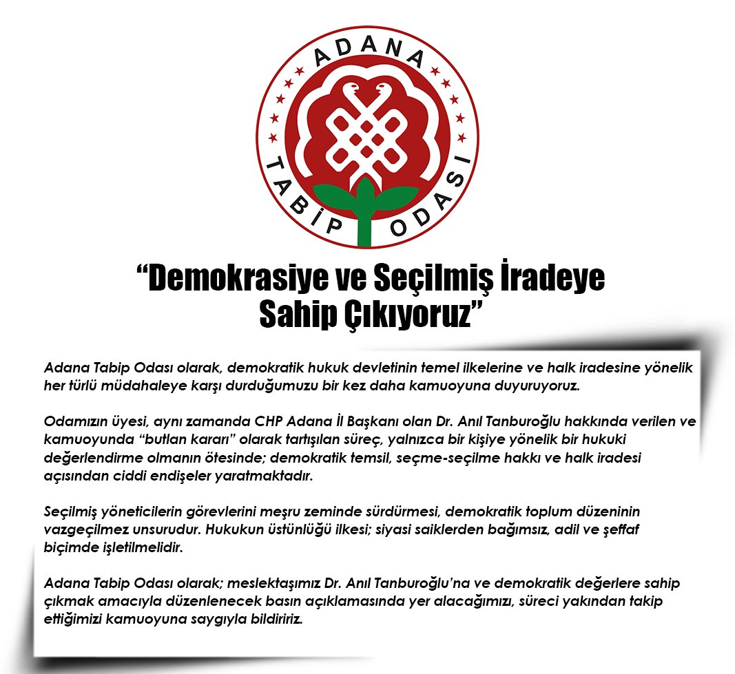 Adana Tabip Odası’ndan Anıl Tanburoğlu’na destek açıklaması