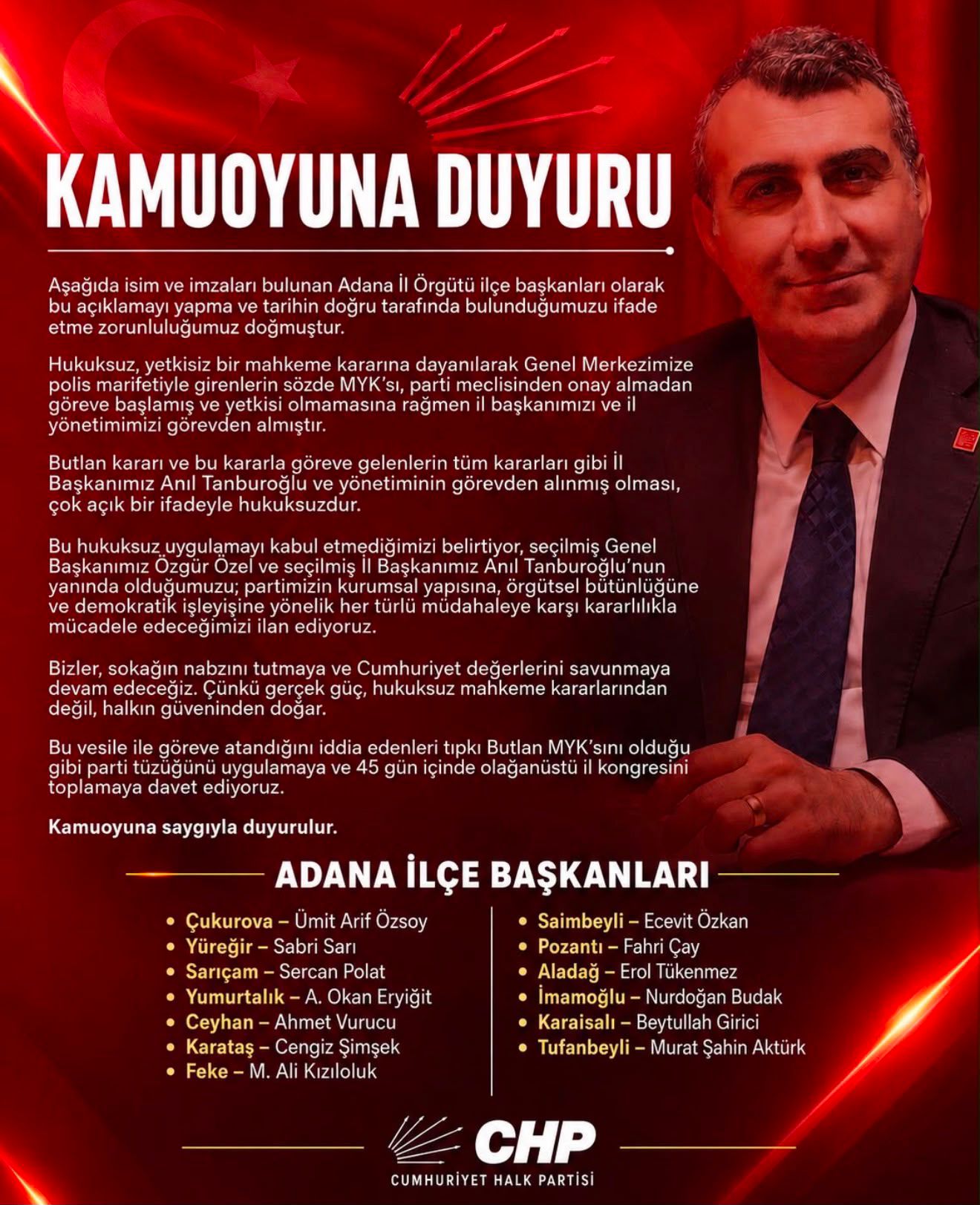 Adana’da 13 ilçe başkanı deklarasyon yayımladı: “45 gün içerisinde olağanüstü il kongresi istiyoruz”