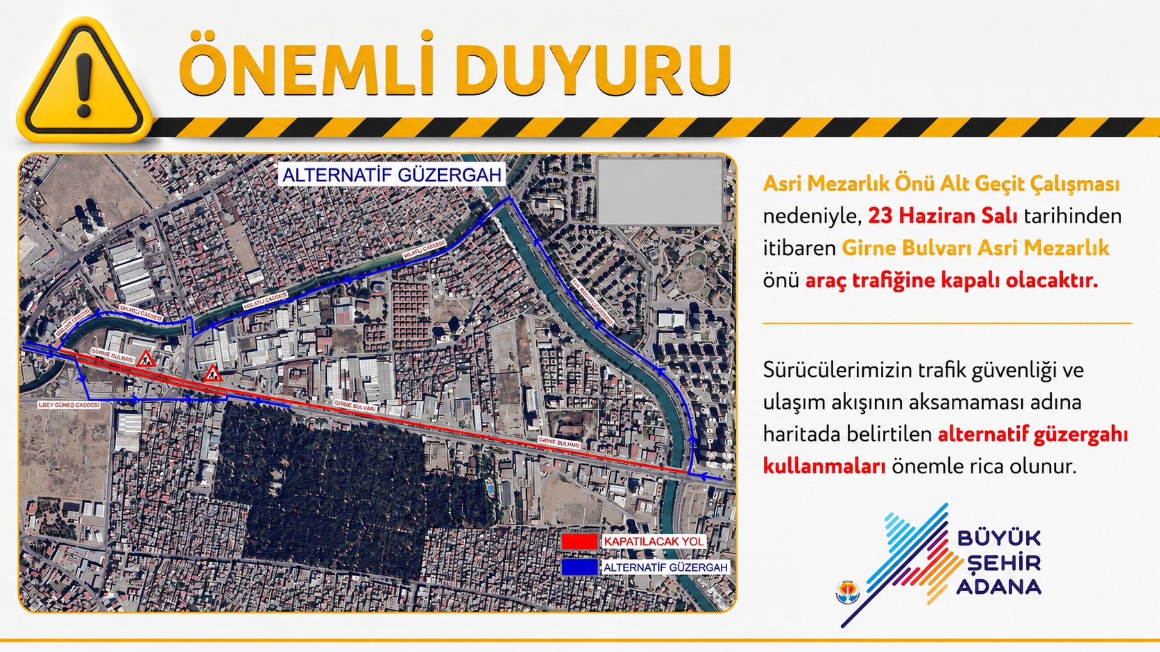 Adana Büyükşehir’den önemli duyuru: Asri Mezarlık önü çalışması nedeniyle Girne Bulvarı trafiğe kapanıyor