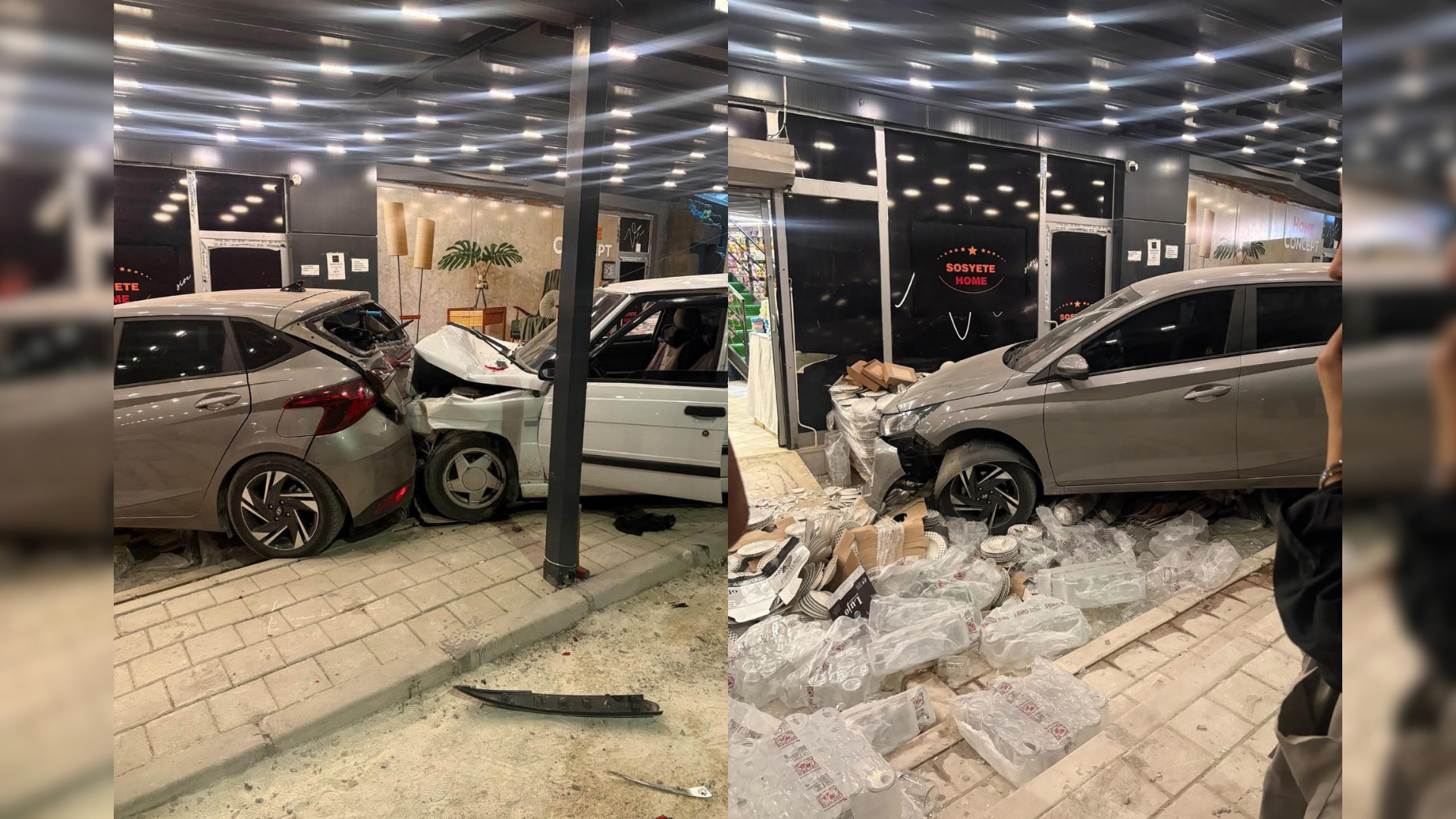 Adana’da kontrolden çıkan iki otomobil peş peşe mağazaya girdi