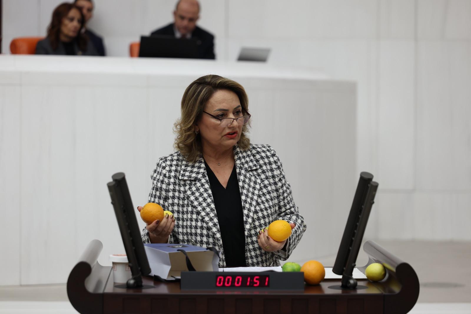 CHP'li Dr. Müzeyyen Şevkin, portakal, limon ve mandalinaları meclis kürsüsüne boşalttı