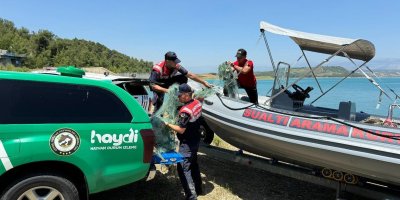 Adana’da jandarma ekipleri baraj gölünde 300 metre misina ağı ve 60 sepet tuzak topladı