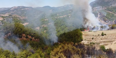 Kozan’da yanan ormanlık alan havadan görüntülendi