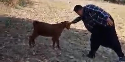 Oğlak ile oyun oynayarak keyifli anlar yaşadı