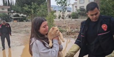 Dalda mahsur kalan kedisi kurtarılınca sevinçten gözyaşı döktü