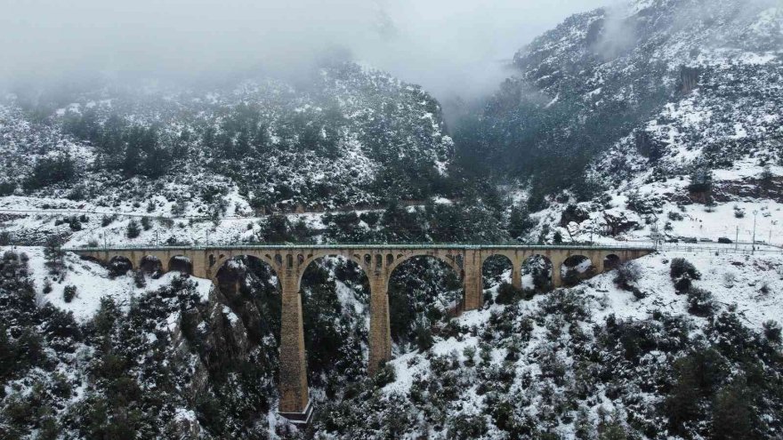 Kar ve sis manzarası ile tarihi Varda Köprüsü göz kamaştırdı