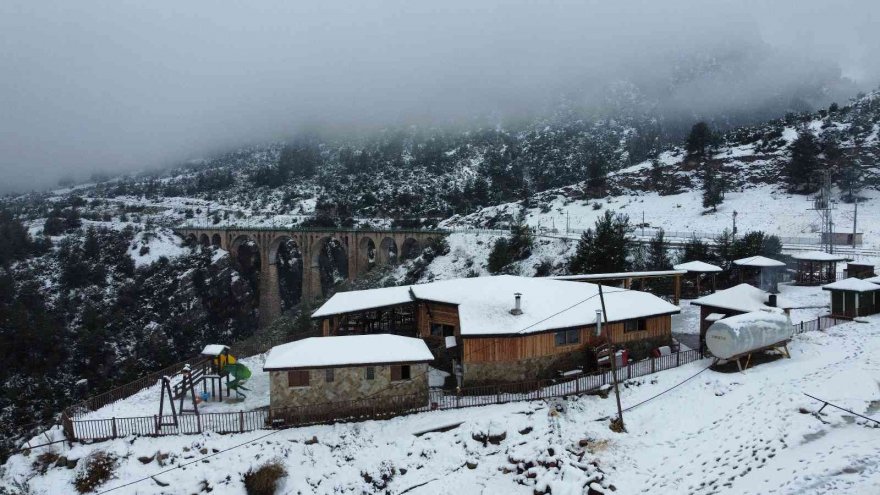 Kar ve sis manzarası ile tarihi Varda Köprüsü göz kamaştırdı
